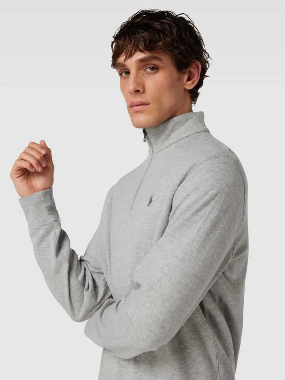 Polo Ralph Lauren Sweatshirt mit Rippenoptik und kurzem Reißverschluss in Mittelgrau Melange