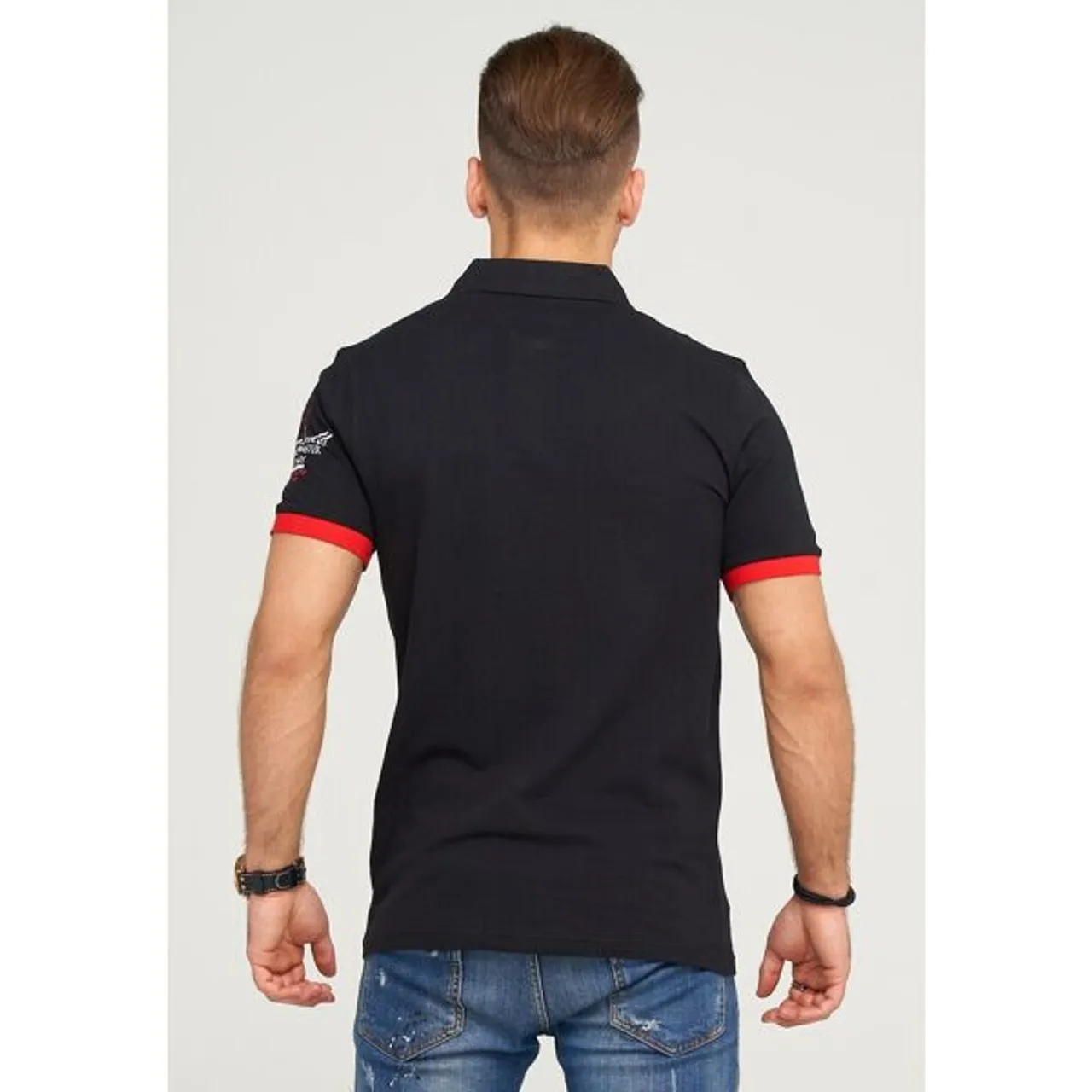 Poloshirt BEHYPE "LANAY" Gr. L, schwarz (schwarz, rot) Herren Shirts Kurzarm mit sportiver Stickerei
