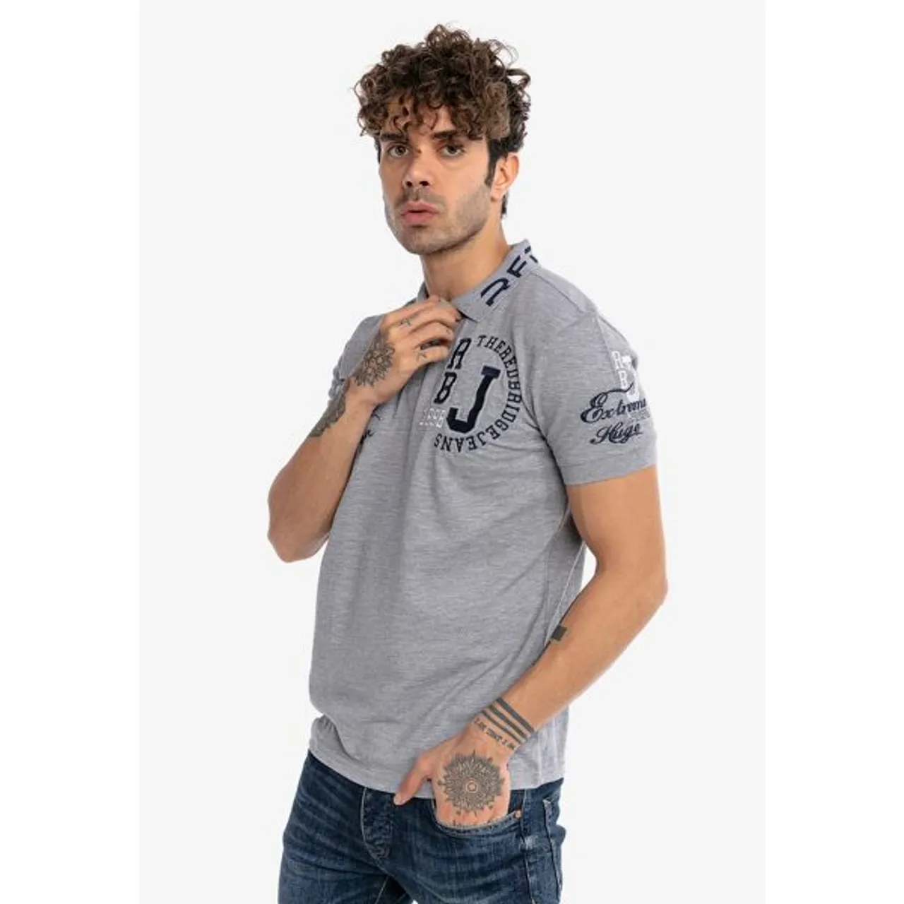 Poloshirt REDBRIDGE "Orlando" Gr. S, grau (grau, meliert) Herren Shirts Kurzarm im Slim Fit mit Stickerei