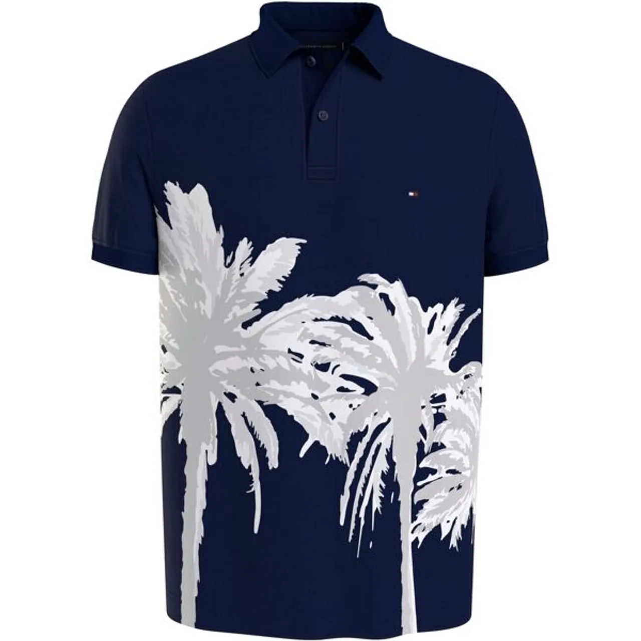 Poloshirt TOMMY HILFIGER "PALM PLACEMENT PRINT REG POLO" Gr. M, blau (desert sky) Herren Shirts Kurzarm kontrastreicher Palmenprint