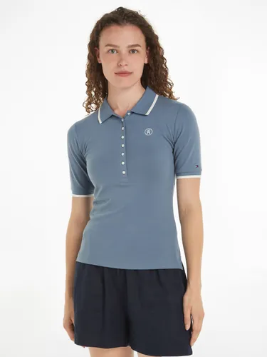Poloshirt TOMMY HILFIGER "SLIM SMD TIPPING LYOCELL POLO SS" Gr. XL (42), blau (blue coal) Damen Shirts Jersey mit kontrastfarbenen Einsätzen
