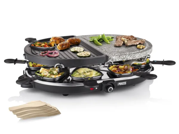 PRINCESS Raclette, 8 Raclettepfännchen, 1200 W, Gerät 2-8 Personen ovaler Tischgrill Grill & Steinplatte Steingrill