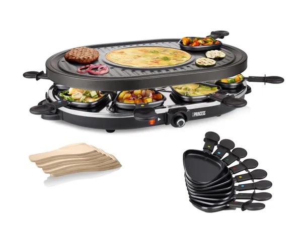 PRINCESS Raclette, 8 Raclettepfännchen, 1200 W, Gerät für 2-8 Personen Tischgrill mit Crêpefläche Camping geeignet