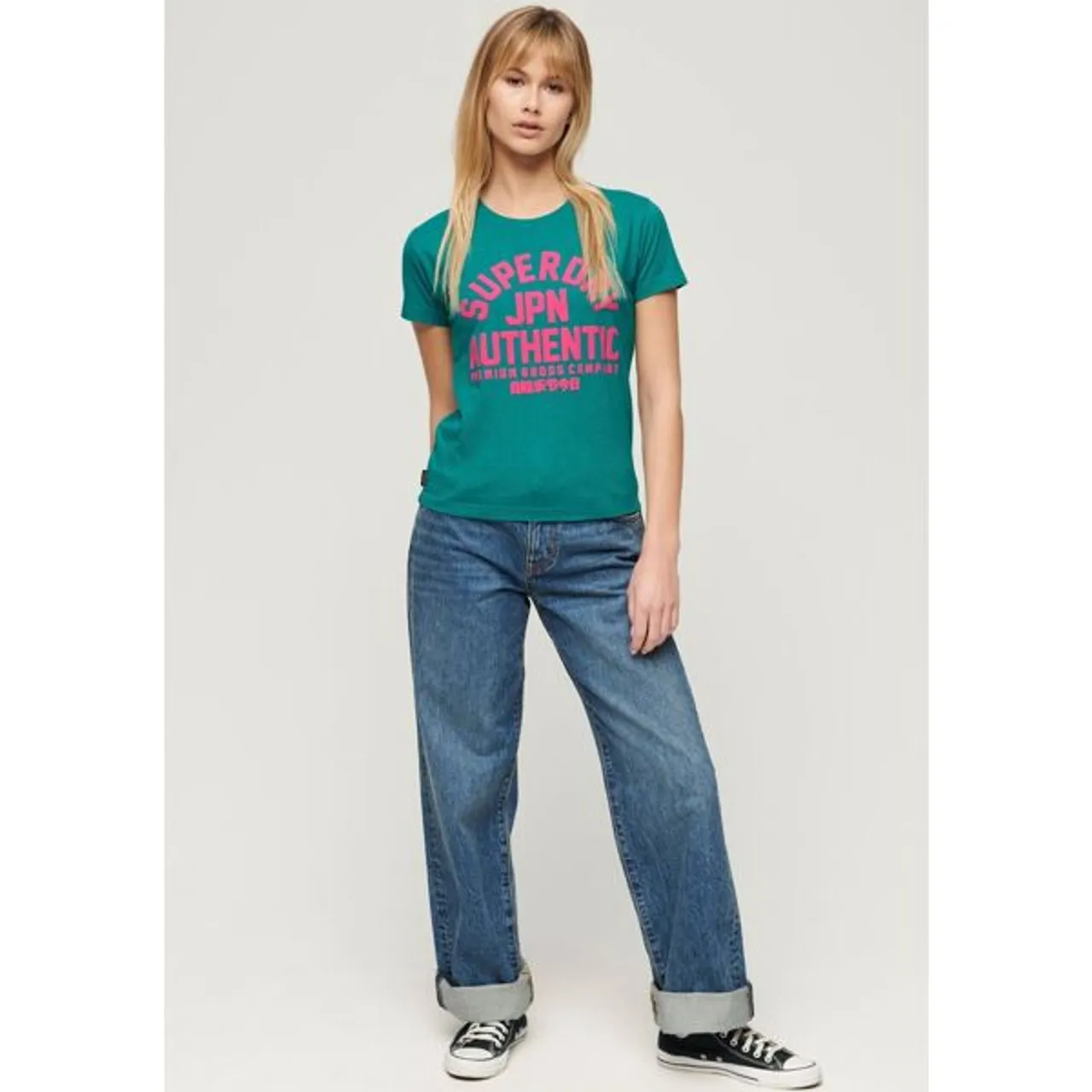 Print-Shirt SUPERDRY "PUFF PRINT ARCHIVE FITTED TEE" Gr. S, grün (ocean green marl) Damen Shirts Jersey