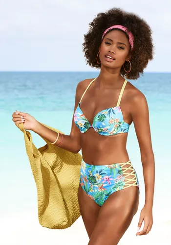 Push-Up-Bikini-Top VENICE BEACH "Hanni" Gr. 34, Cup B, blau (blau, bedruckt) Damen Bikini-Oberteile Ocean Blue mit tropischem Print und gelben Details