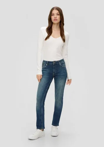 QS Stoffhose Jeans Catie / Slim Fit / Mid Rise / Slim Leg Ziernaht, Kontrastnähte, Leder-Patch, Waschung