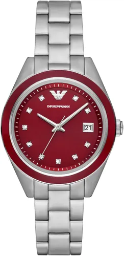 Quarzuhr EMPORIO ARMANI "AR11544" Armbanduhren rot (silberfarben) Damen Quarzuhren Armbanduhr, Damenuhr, Datum, analog