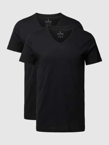 RAGMAN T-Shirt mit geripptem V-Ausschnitt in Black