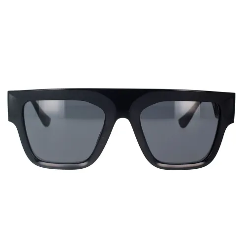 Rechteckige Sonnenbrille mit dunkelgrauer Linse und schwarzem Rahmen Versace