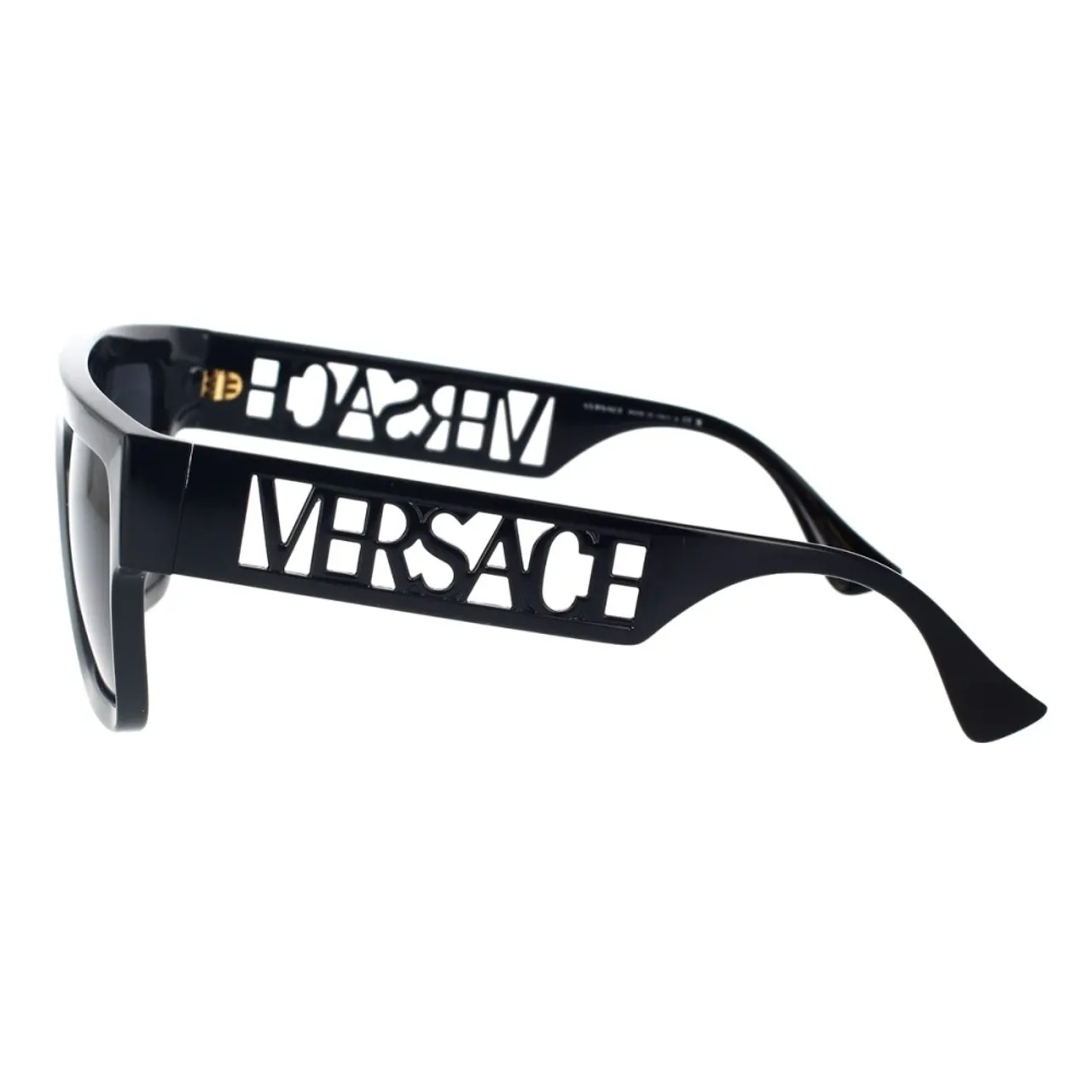 Rechteckige Sonnenbrille mit dunkelgrauer Linse und schwarzem Rahmen Versace