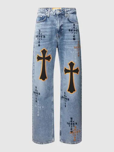 REVIEW Baggy Jeans mit CRUCIFIX Kreuz Print in Blau