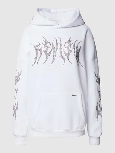 Review Hoodie mit TECHNO Print in Weiss