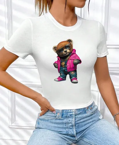 RMK Print-Shirt Damen Shirt kurzarm Rundhalsshirt coolen "Lederjacke Teddy Bär