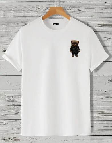 RMK T-Shirt Herren Shirt Rundhals Basic Druck (Teddybär Sonnenbrille Lederjacke) in Unifarbe, mit lizenziertem Print, aus Baumwolle