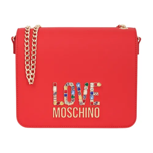 Rote Schultertasche mit Multicolor Strass Love Moschino