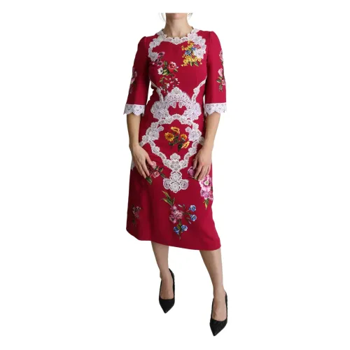 Rotes Blumen Besticktes Sheath Midi Kleid Dolce & Gabbana