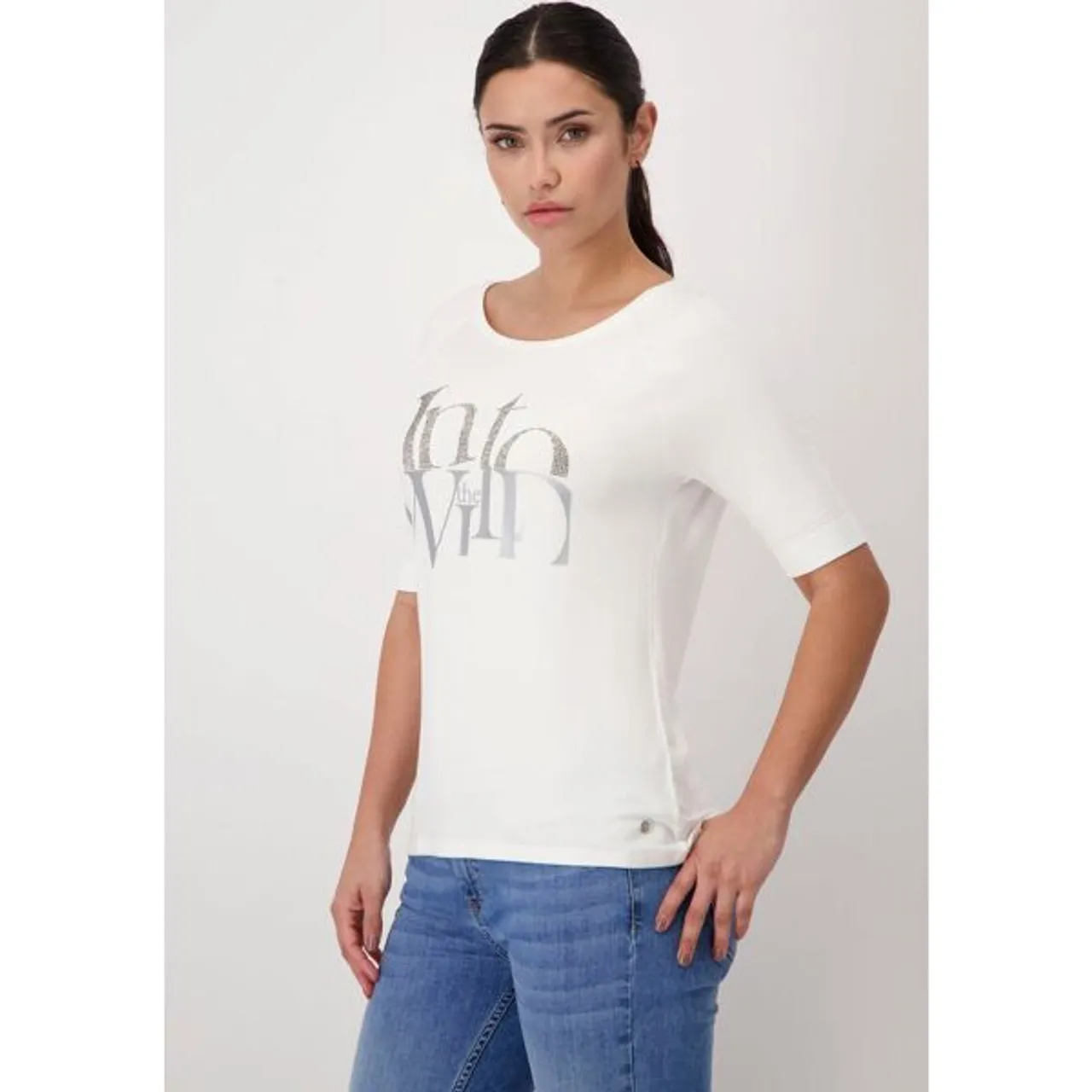 Rundhalsshirt MONARI Gr. 44, weiß (offwhite) Damen Shirts Jersey mit Frontprint