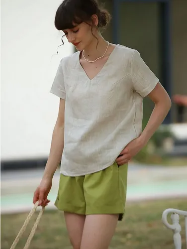 RUZU UG Blusentop Shirtbluse Lässige,Kurzärmlige T-Shirt-Oberteile V-Ausschnitt Damen