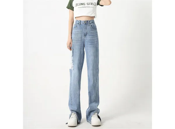RUZU UG Slouchy Jeans Sommerliche Jeans mit weitem Schlitz und hohem Riss (1-tlg)