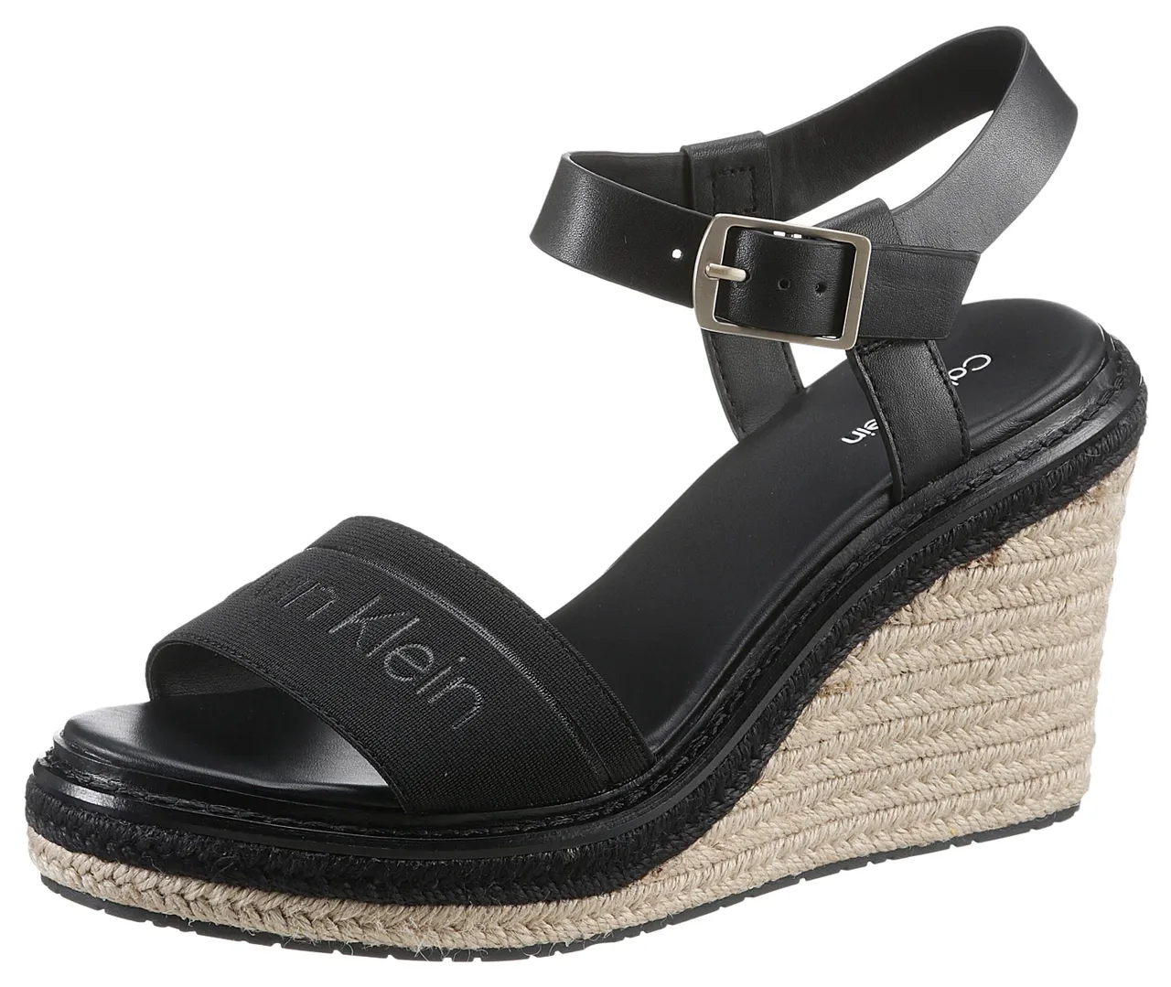 Sandalette CALVIN KLEIN "WIRA 5C *I" Gr. 39, schwarz Damen Schuhe Sandaletten mit Bast bezogenem Keilabsatz