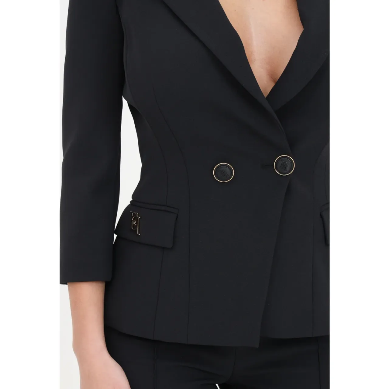 Schwarze doppelreihige Crêpe-Jacke mit Logo,Schwarze Jacken für Frauen Elisabetta Franchi