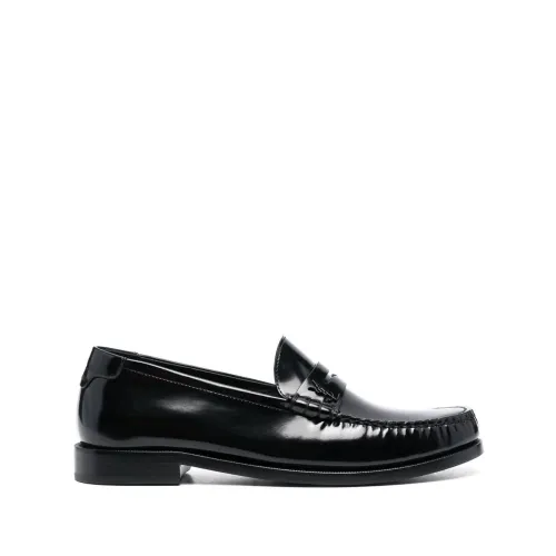Schwarze flache Schuhe mit YSL-Monogramm,Metall-Monogramm Lederloafer Saint Laurent