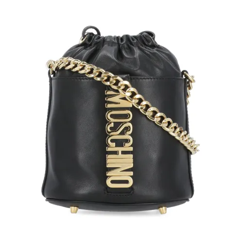 Schwarze Leder Bucket Bag mit Metallic Logo Moschino