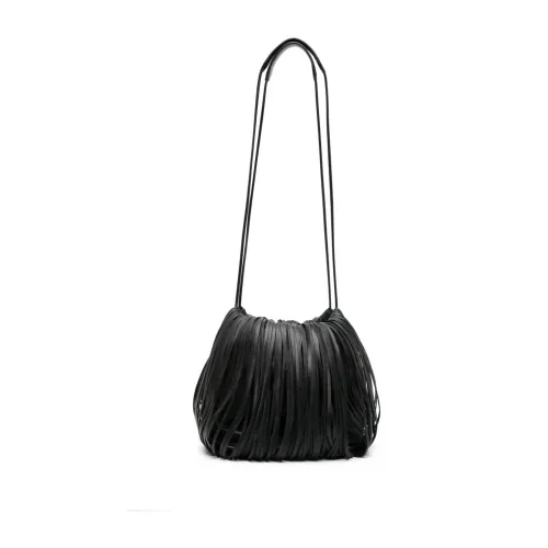Schwarze Leder-Bucket-Tasche mit Fransendetails,Schwarze Taschen - Stilvolle Kollektion Jil Sander
