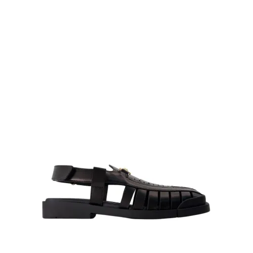Schwarze Leder Quadratische Offene Sandalen Versace