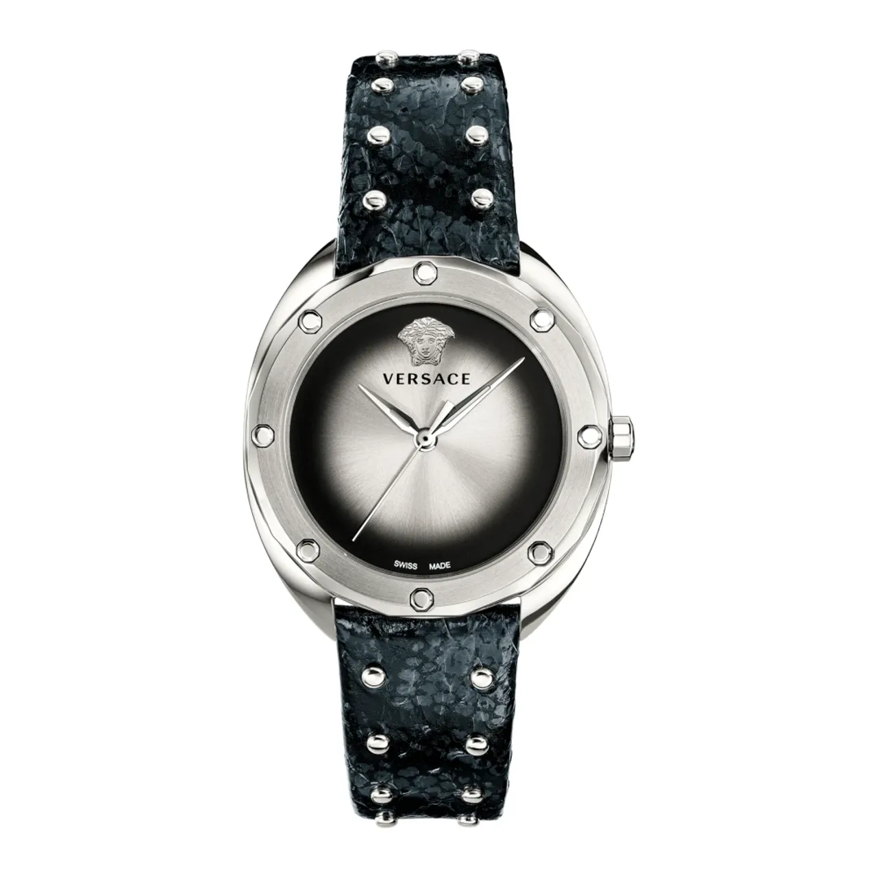 Schwarze Leder Silber Edelstahl Uhr Versace