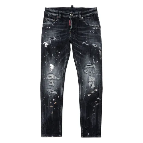 Schwarze Skinny Jeans mit Strasssteinen - Skater,Kinder Distressed Bemalte Logo Jeans Dsquared2