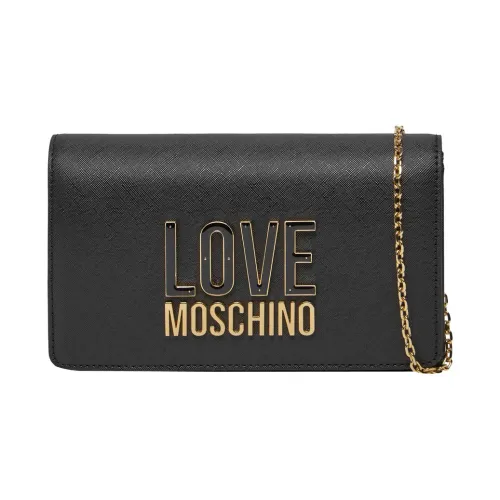 Schwarze Synthetische Schultertasche mit Goldmetall-Details,Schwarze Damenhandtasche mit goldener Metallkette Love Moschino