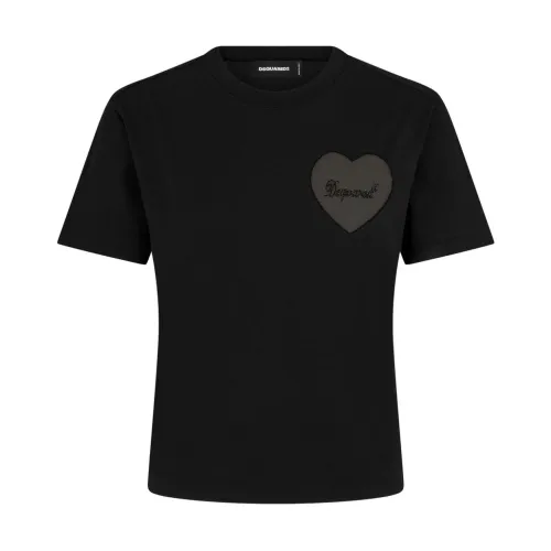 Schwarze T-Shirts und Polos mit Herz-Motiv,Schwarzes Logo T-Shirt Rundhals Dsquared2