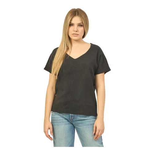 Schwarzes Baumwoll-T-Shirt mit weitem Ausschnitt Suns