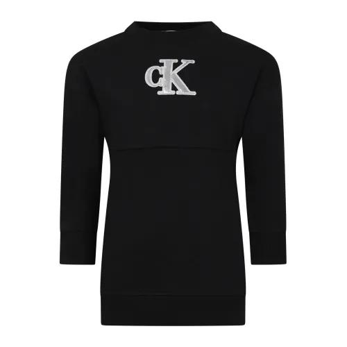 Schwarzes Baumwollkleid mit Besticktem Logo Calvin Klein