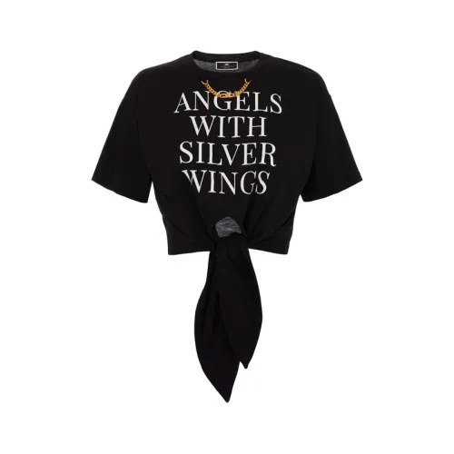 Schwarzes Crop T-Shirt mit Knoten und Signaturdruck Elisabetta Franchi