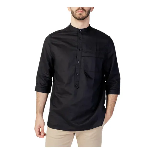 Schwarzes einfarbiges Mandarin Hemd mit 3/4 Ärmeln Antony Morato
