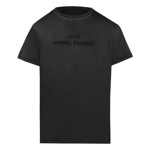 Schwarzes Logo-Print Baumwoll T-Shirt,Graues T-Shirt mit umgedrehtem Logo Maison Margiela