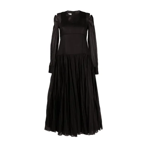 Schwarzes Midi-Kleid mit Plissiertem Rock und Cut-Out-Schultern Jil Sander