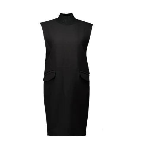 Schwarzes Midi Kleid mit Stehkragen und Taschen Co'Couture