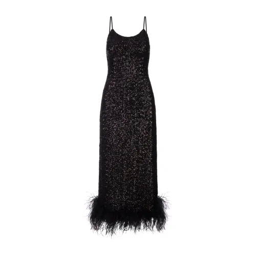 Schwarzes Pailletten Midi-Kleid mit Straußenfedern Oseree