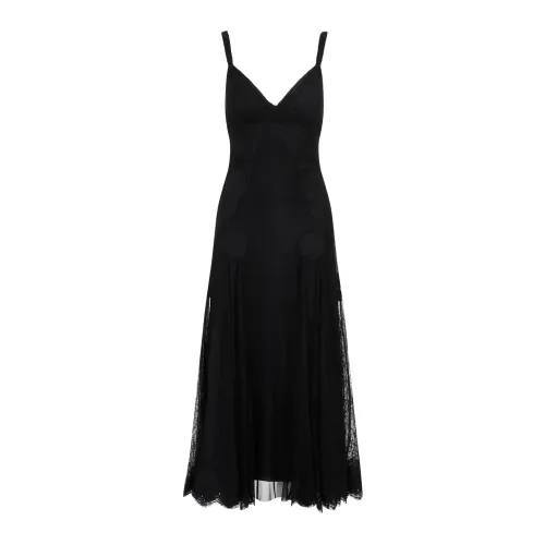 Schwarzes Spitzen V-Ausschnitt Langes Kleid Dolce & Gabbana