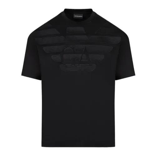 Schwarzes T-Shirt mit kurzen Ärmeln und gesticktem Adlerlogo Emporio Armani