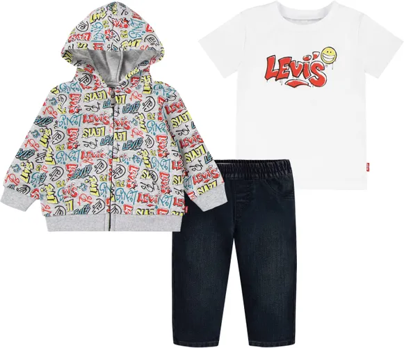 Shirt, Hose & Jäckchen LEVI'S KIDS "GRAFFITI TAG DENIM SET 3pc" Gr. 3M (62), grau (light greyheather) Baby KOB Set-Artikel Outfits