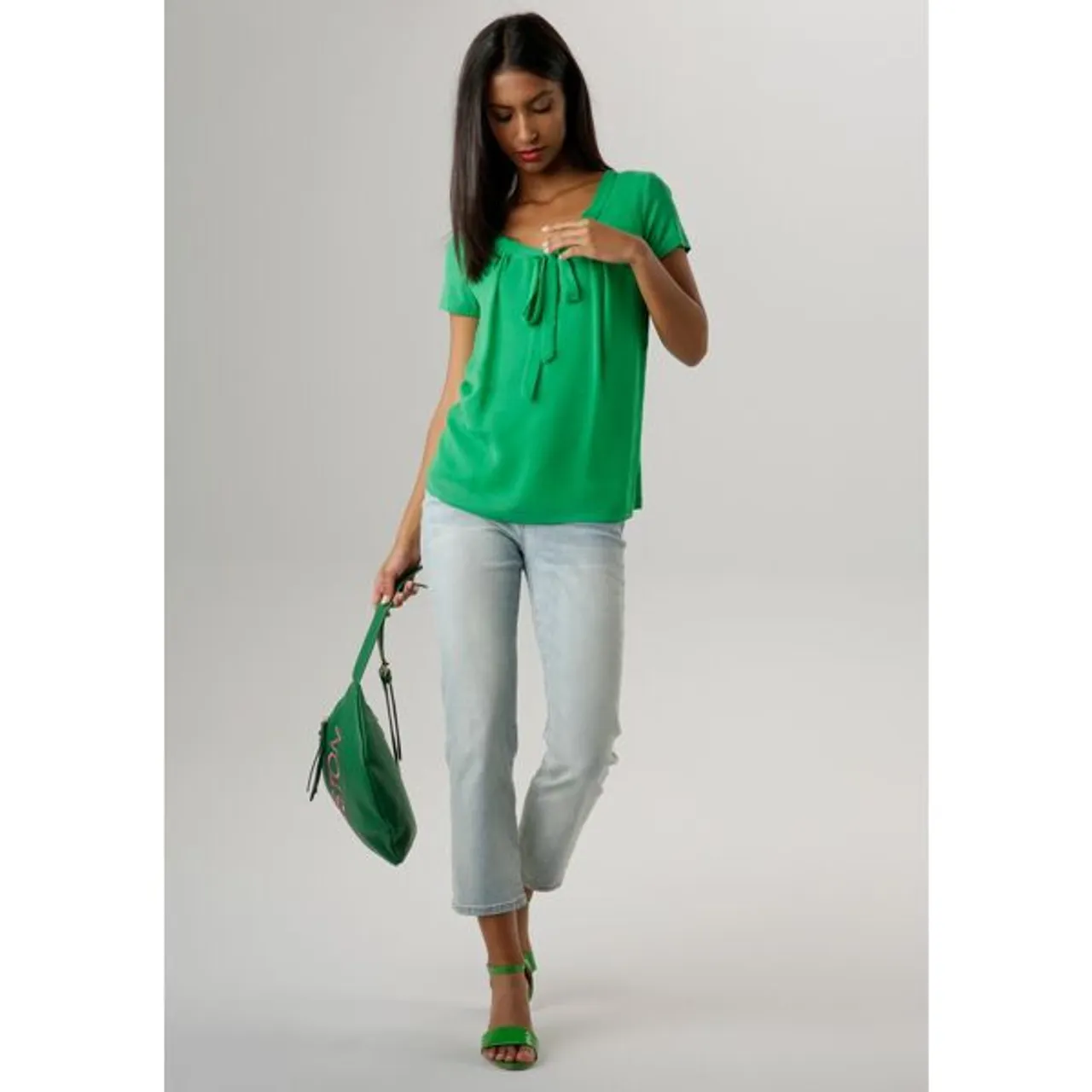 Shirtbluse ANISTON SELECTED Gr. 34, grün Damen Blusen kurzarm mit gedoppeltem Vorderteil