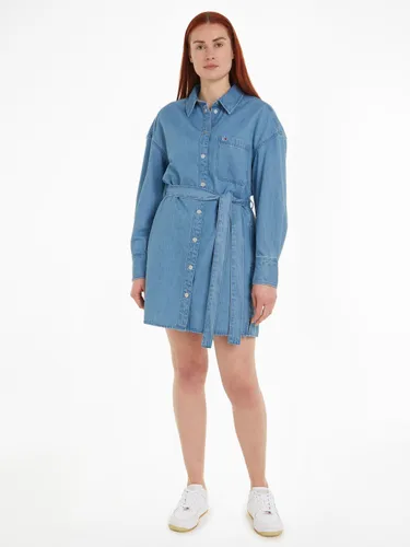 Shirtkleid TOMMY JEANS CURVE "TJW BELTED DENIM SHIRT DRESS EXT" Gr. 5XL (50), N-Gr, blau (denim_medium) Damen Kleider Freizeitkleider
