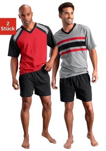 Shorty LE JOGGER Gr. 44/46 (S), schwarz (rot, schwarz, grau, schwarz) Herren Homewear-Sets Pyjamas mit kontrastfarbigen Einsätzen