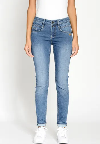 Skinny-fit-Jeans GANG "94MORA" Gr. 34 (44), N-Gr, blau (medium all b) Damen Jeans Röhrenjeans mit 3-Knopf-Verschluss und Passe vorne