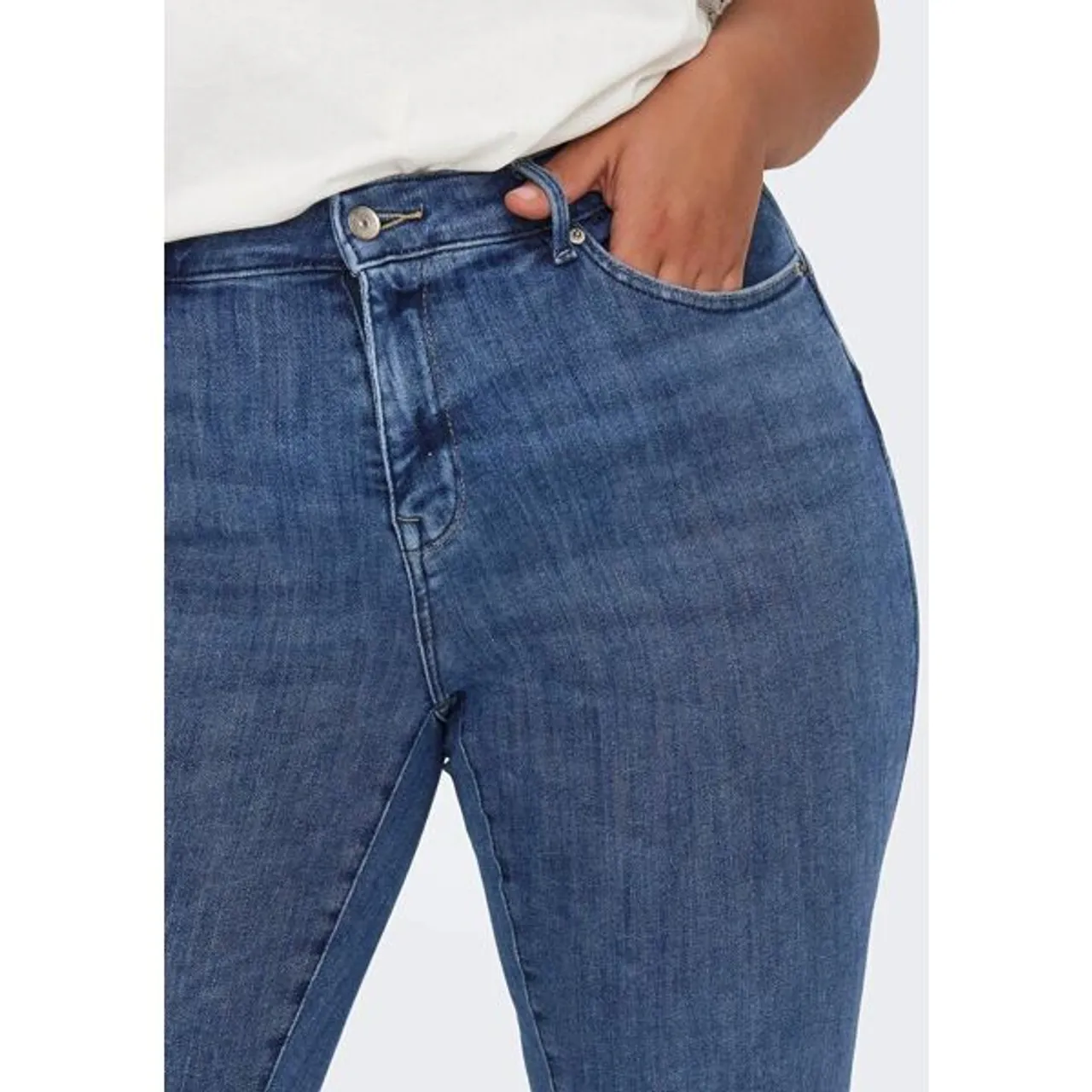 Skinny-fit-Jeans ONLY CARMAKOMA "CARPOWER MID SKINNY PUSH UP REA2981 NOOS" Gr. 42 (XL), Länge 32, blau (dark medium blue denim) Damen Jeans Röhrenjean...