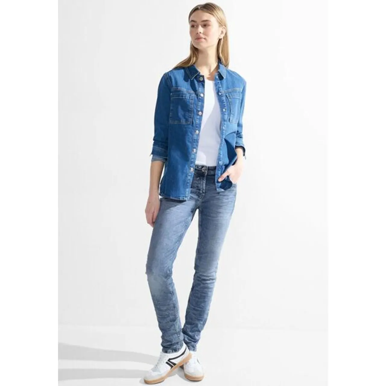 Slim-fit-Jeans CECIL Gr. 32, Länge 28, blau (authentic used wash) Damen Jeans Röhrenjeans